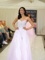 Spaghetti Straps Applique Sleeveless Tulle A-Line Side Slit Prom Dress