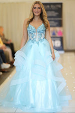 Spaghetti Straps Applique Sleeveless Tulle A-Line Prom Dress