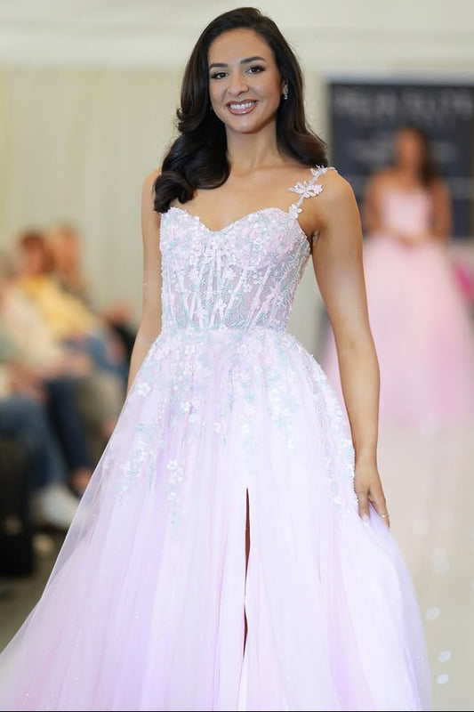 Spaghetti Straps Applique Sleeveless Tulle A-Line Side Slit Prom Dress