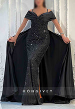 Glitter Off-Shoulder Column Floor-Length Detachable Evening Gown with Beading