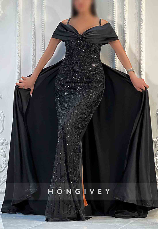 Glitter Off-Shoulder Column Floor-Length Detachable Evening Gown with Beading