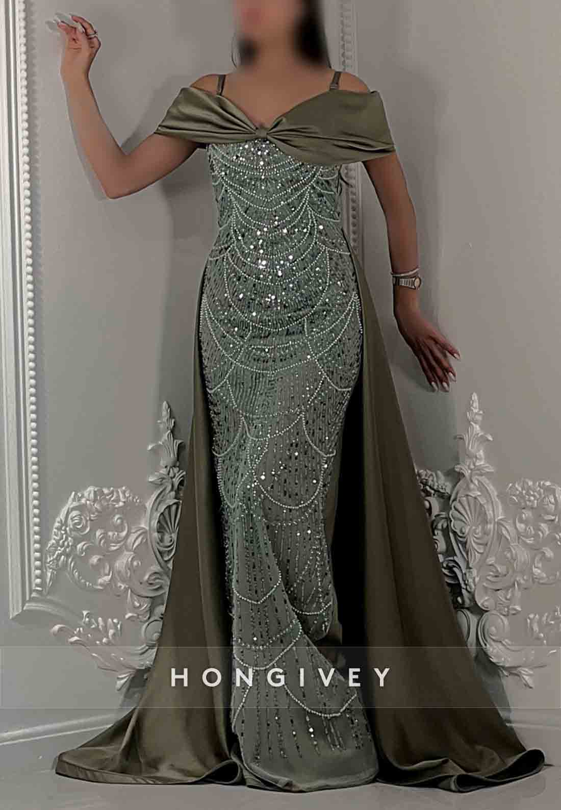 Glitter Off-Shoulder Column Floor-Length Detachable Evening Gown with Beading