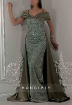 Glitter Off-Shoulder Column Floor-Length Detachable Evening Gown with Beading