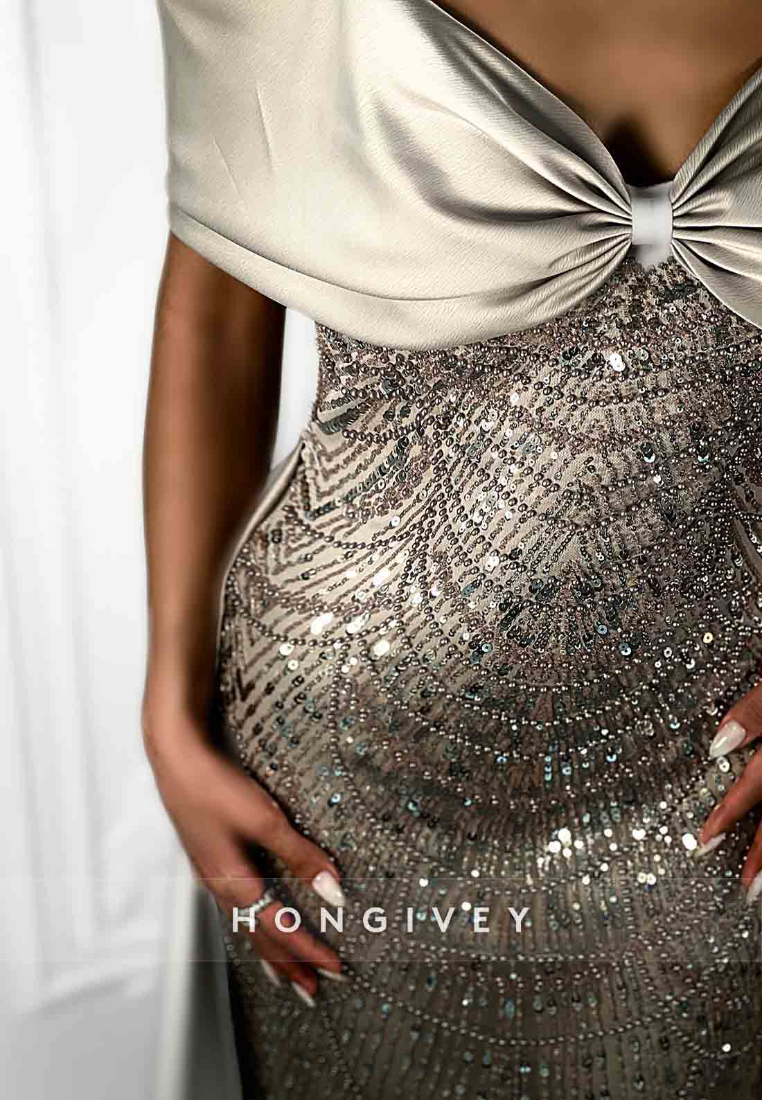 Glitter Off-Shoulder Column Floor-Length Detachable Evening Gown with Beading