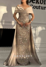 Glitter Off-Shoulder Column Floor-Length Detachable Evening Gown with Beading