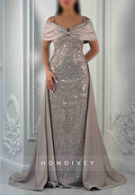 Glitter Off-Shoulder Column Floor-Length Detachable Evening Gown with Beading