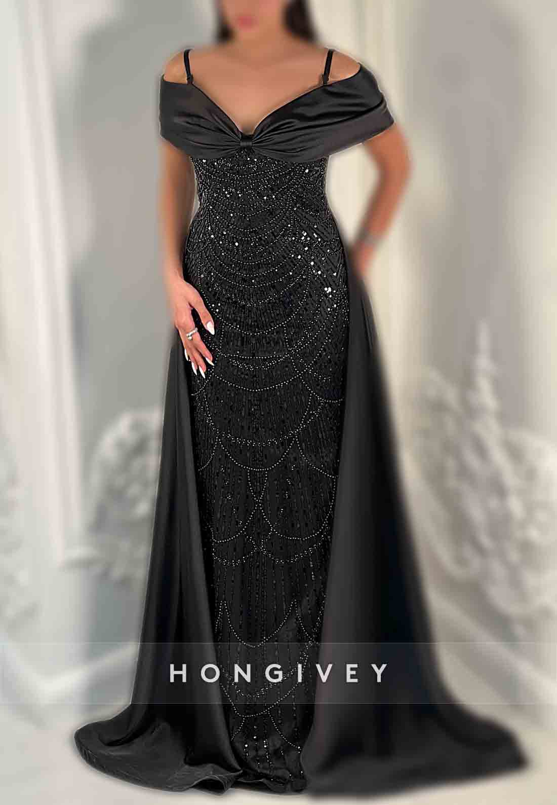 Glitter Off-Shoulder Column Floor-Length Detachable Evening Gown with Beading