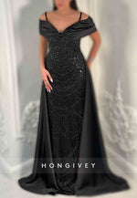 Glitter Off-Shoulder Column Floor-Length Detachable Evening Gown with Beading