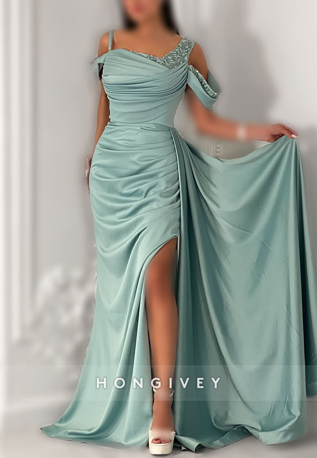 Off-Shoulder Side Slit Satin Floor-Length Trumpet Evening Gown Side Draping