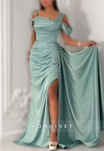 Off-Shoulder Side Slit Satin Floor-Length Trumpet Evening Gown Side Draping