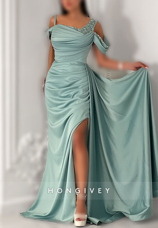 Off-Shoulder Side Slit Satin Floor-Length Trumpet Evening Gown Side Draping