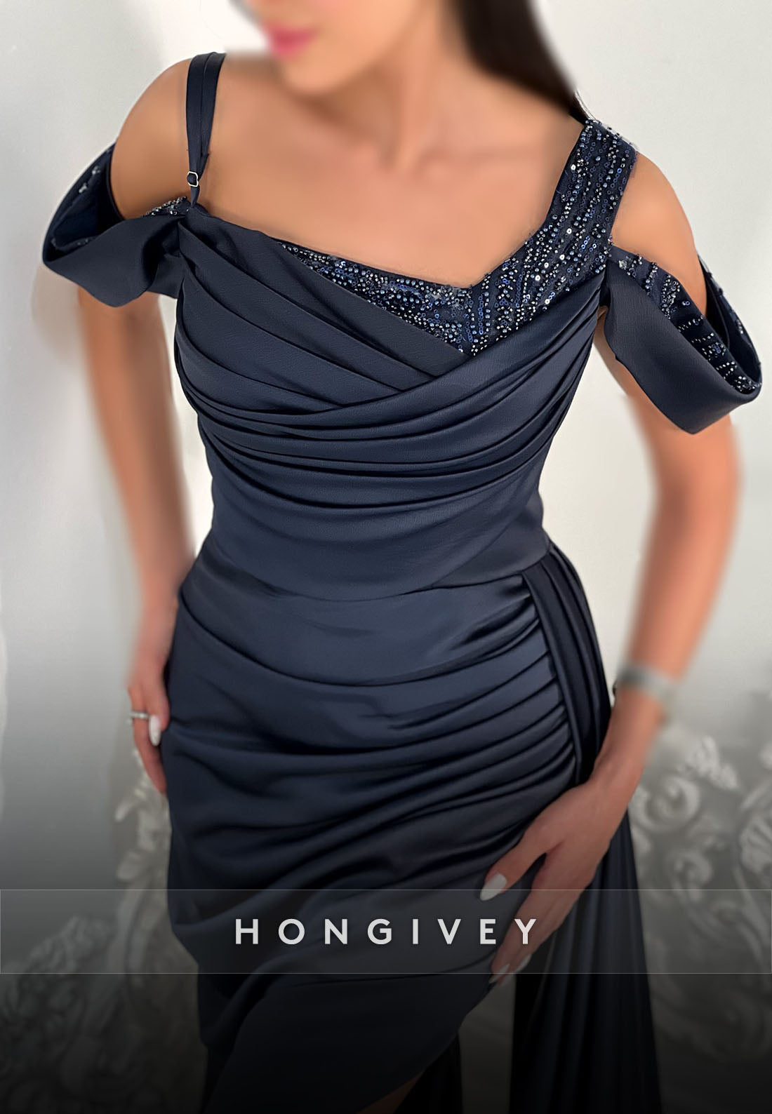 Off-Shoulder Side Slit Satin Floor-Length Trumpet Evening Gown Side Draping