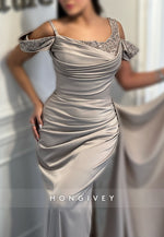 Off-Shoulder Side Slit Satin Floor-Length Trumpet Evening Gown Side Draping