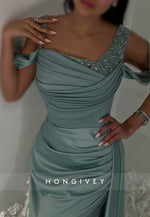 Off-Shoulder Side Slit Satin Floor-Length Trumpet Evening Gown Side Draping