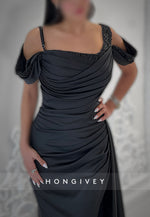 Off-Shoulder Side Slit Satin Floor-Length Trumpet Evening Gown Side Draping