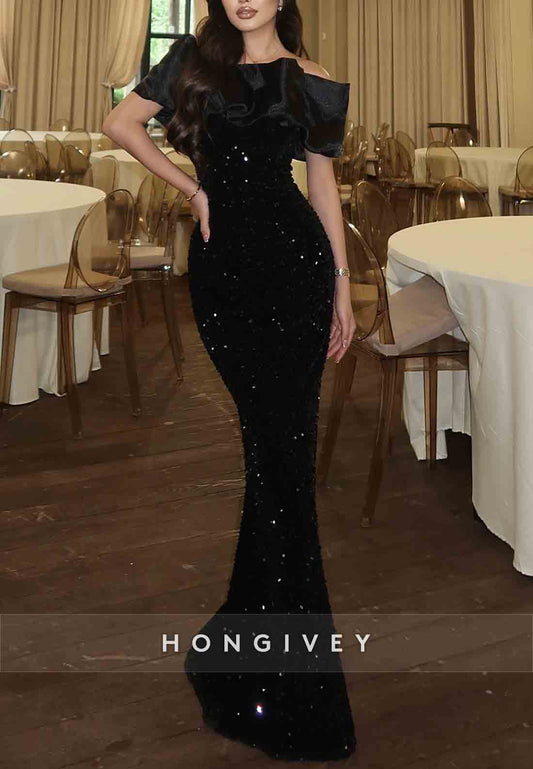 Black Off the Shoulder Sequined Floor-Length Mermaid Evening Gown
