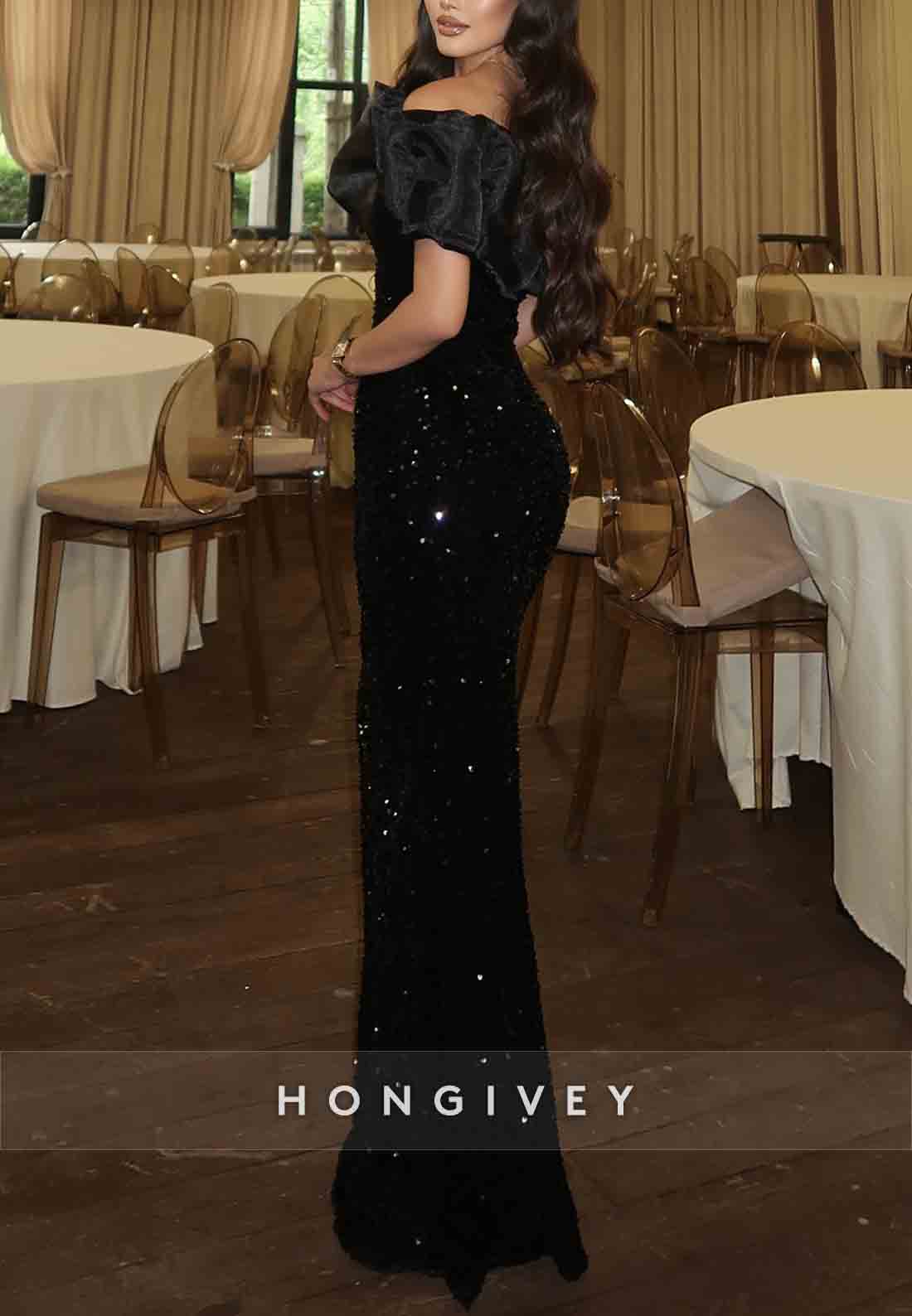 Black Off the Shoulder Sequined Floor-Length Mermaid Evening Gown