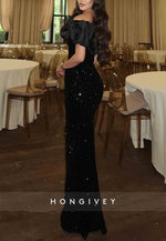 Black Off the Shoulder Sequined Floor-Length Mermaid Evening Gown