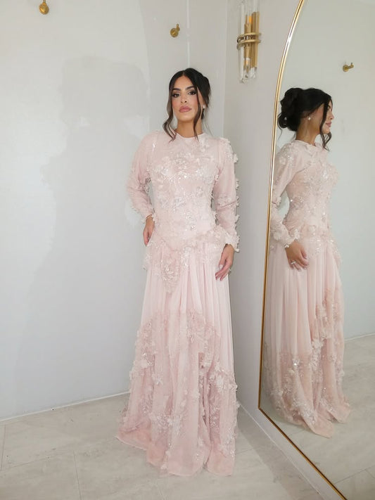 Elegant Long Sleeve Flowers Floor-Length Evening Dress Pink Ruched