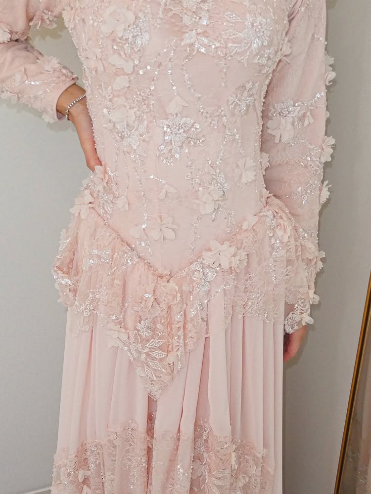 Elegant Long Sleeve Flowers Floor-Length Evening Dress Pink Ruched