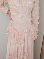 Elegant Long Sleeve Flowers Floor-Length Evening Dress Pink Ruched