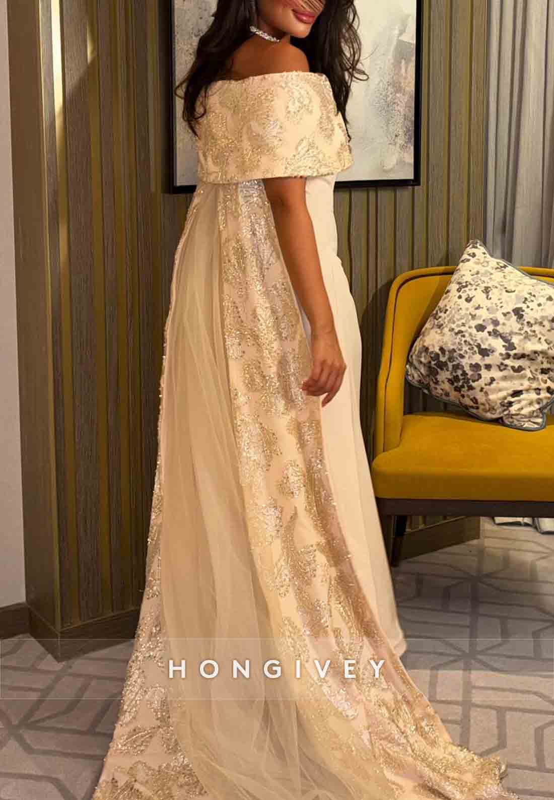 Embroidery A-Line Off the Shoulder Floor-Length Shawl Detachable Evening Gowns
