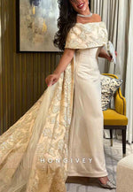 Embroidery A-Line Off the Shoulder Floor-Length Shawl Detachable Evening Gowns