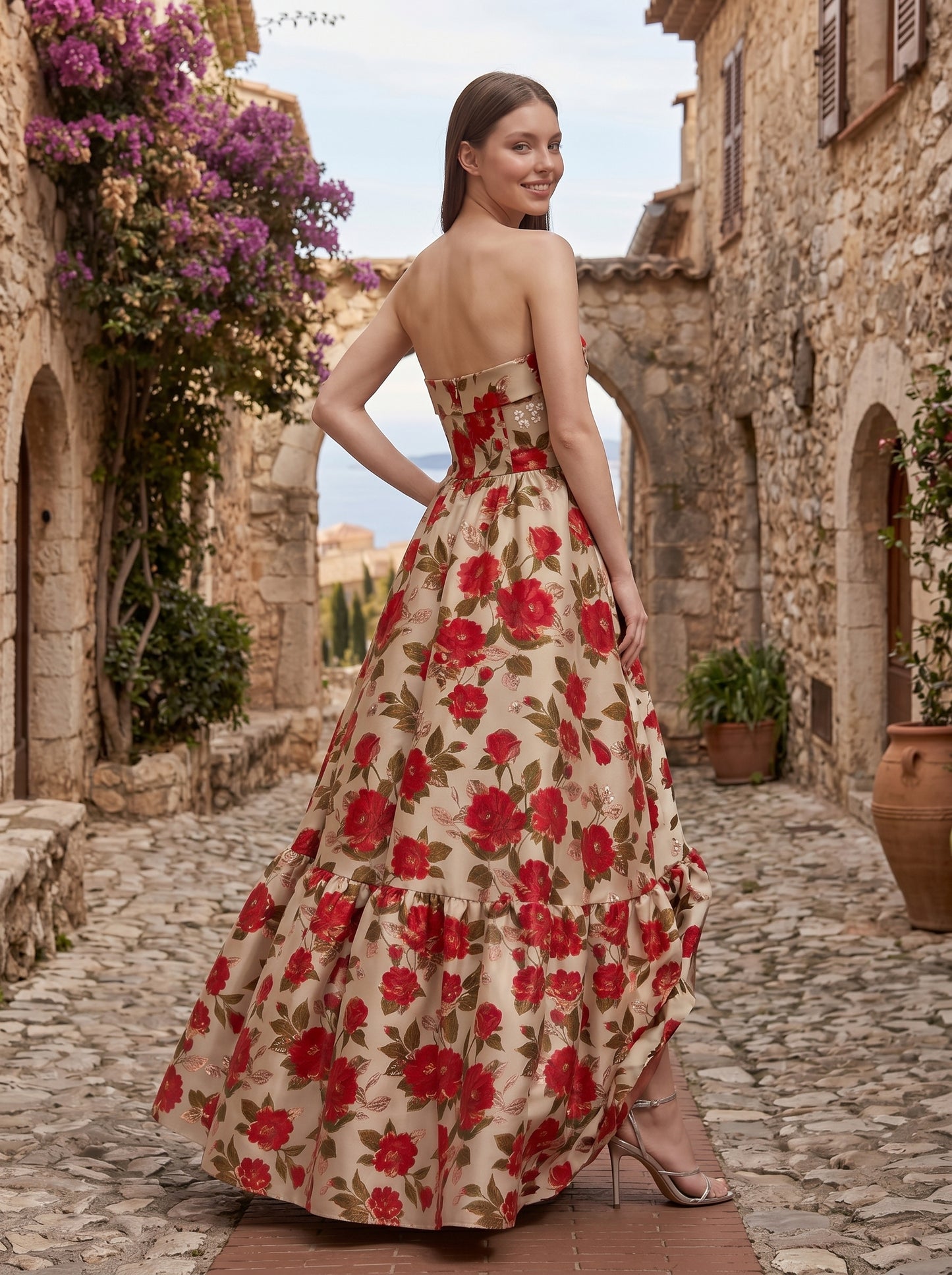 Multicolor Brocade Strapless Floral Gown With Ruffle Hem