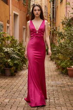 Hot Pink Sleeveless V Neck Satin Gown With Bow Details