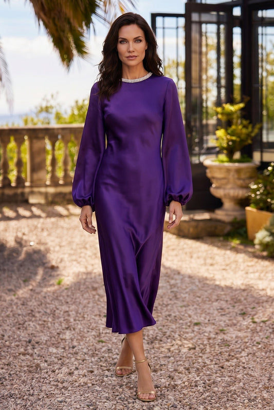 Purple High Neck Long Sleeve Crystal Detail Evening Dress