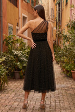 Black One Shoulder Pearl Beaded Midi Ball Evening Dress