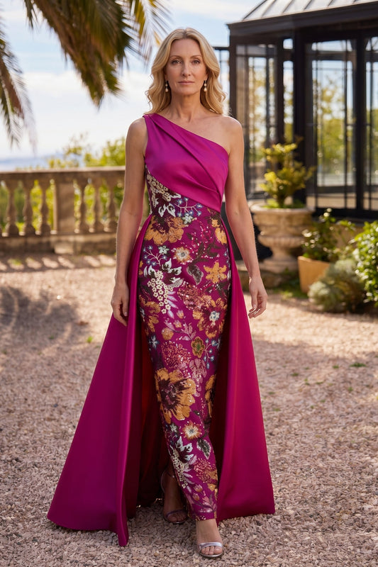 Fuchsia One Shoulder Sleeveless Flowers Floral Print Court Train Evening Dress