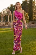 Fuchsia One Shoulder Sleeveless Flowers Floral Print Mermaid Evening Dress
