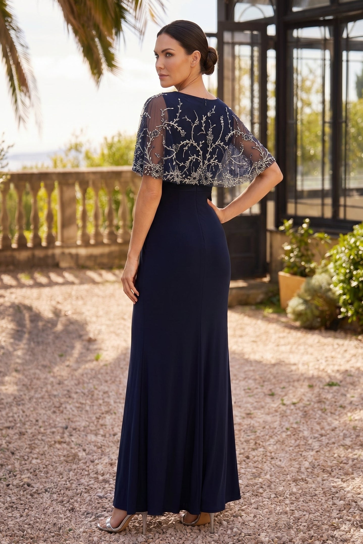 Navy Fitted Jersey Gown with Embellished Cape