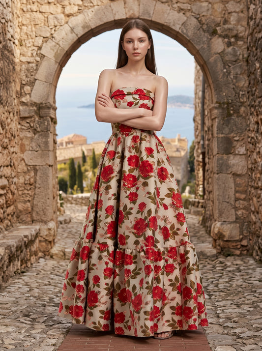 Multicolor Brocade Strapless Floral Gown With Ruffle Hem