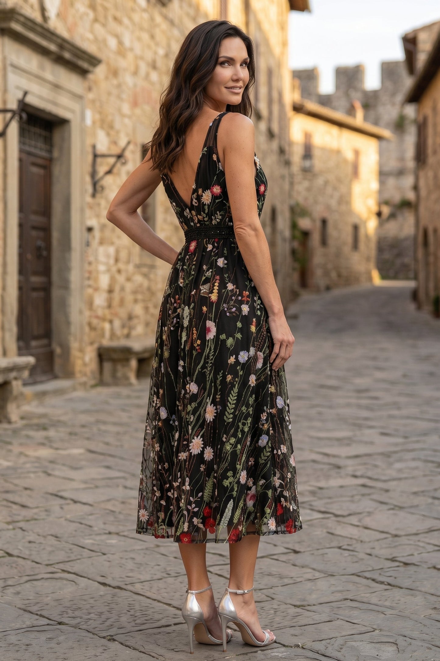 Black V-Neck Sleeveless Flowers Floral Print A-Line Evening Dress