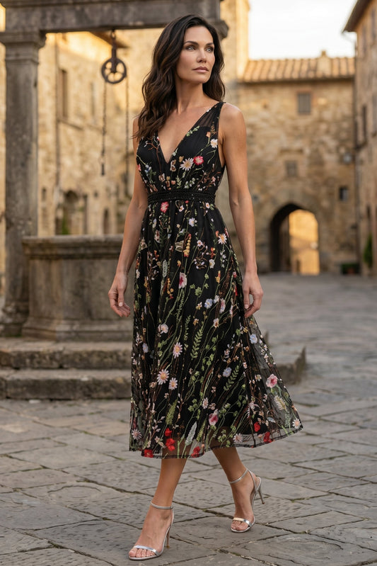 Black V-Neck Sleeveless Flowers Floral Print A-Line Evening Dress