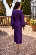 Purple High Neck Long Sleeve Crystal Detail Evening Dress