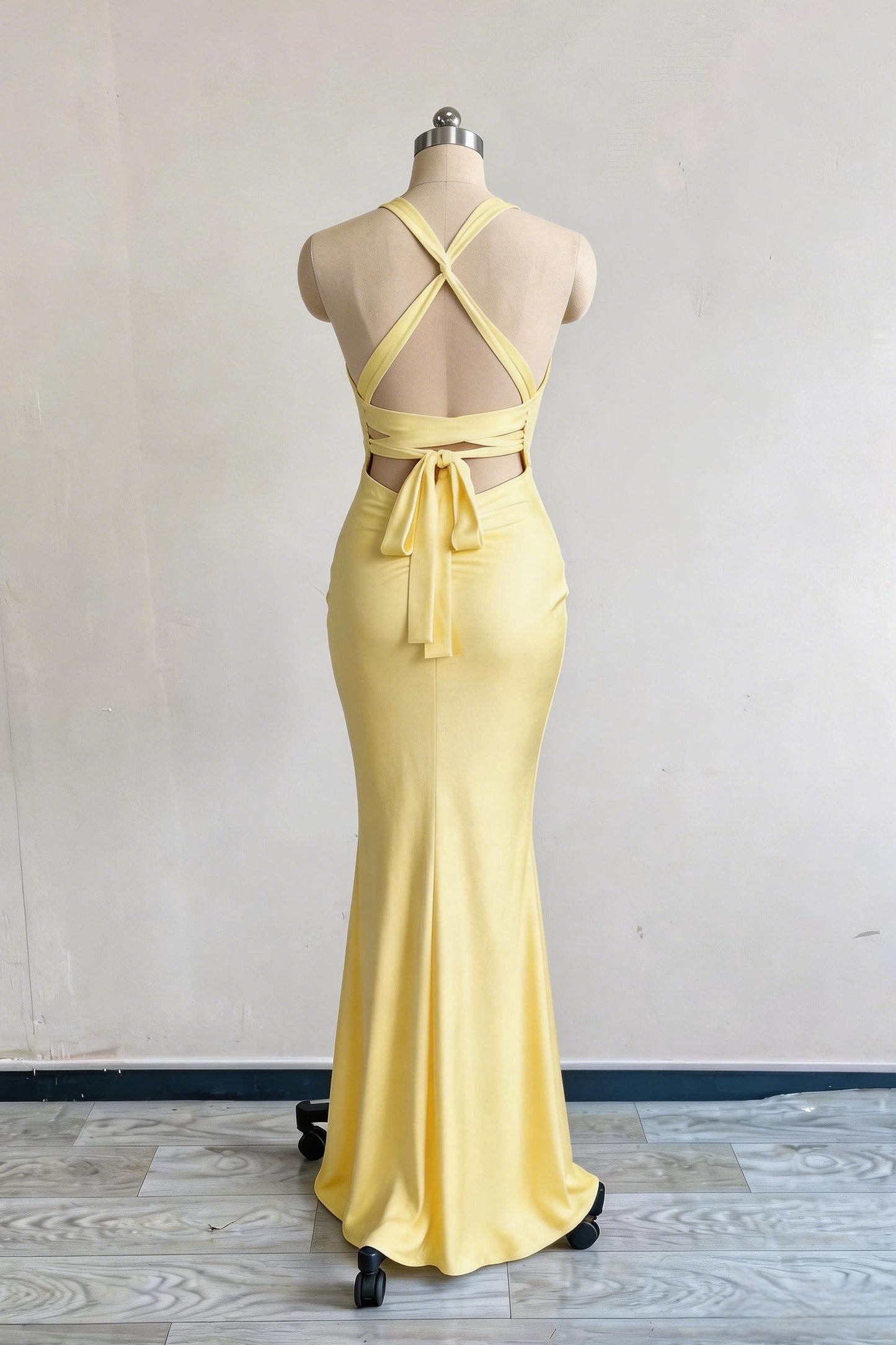 Straps V-Neck Yellow Satin Slit Party Dress