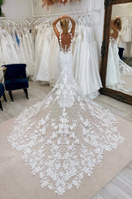 Gorgeous Mermaid V Neck Elastic Satin Wedding Dress with Appliques