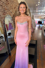 Mermaid Scoop Neck Pink Satin Long Prom Dresses with Beading