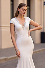 V-Neck Cap Sleeves Satin Mermaid Wedding Dress Lace With Open Back