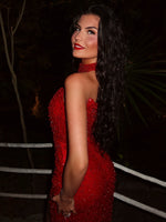 Red Strapless Sleeveless High Waist Long Mermaid Prom Dress With Split And Rhinstone