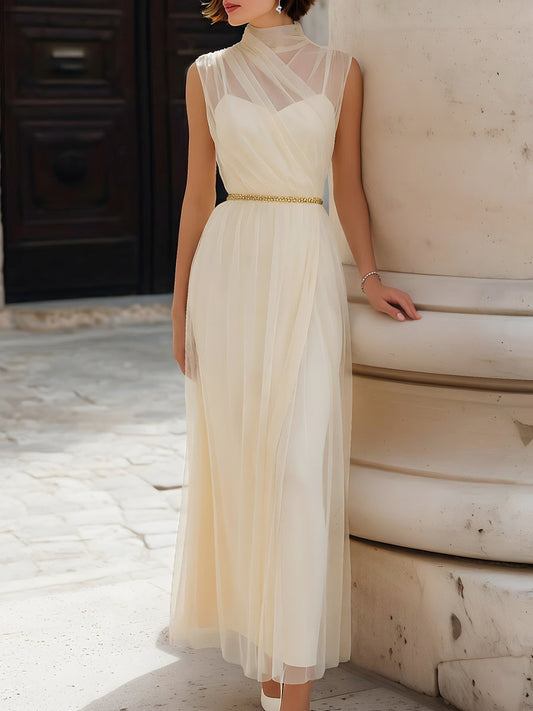 Illusion High-Neck Draped Mesh Maxi Evening Dress