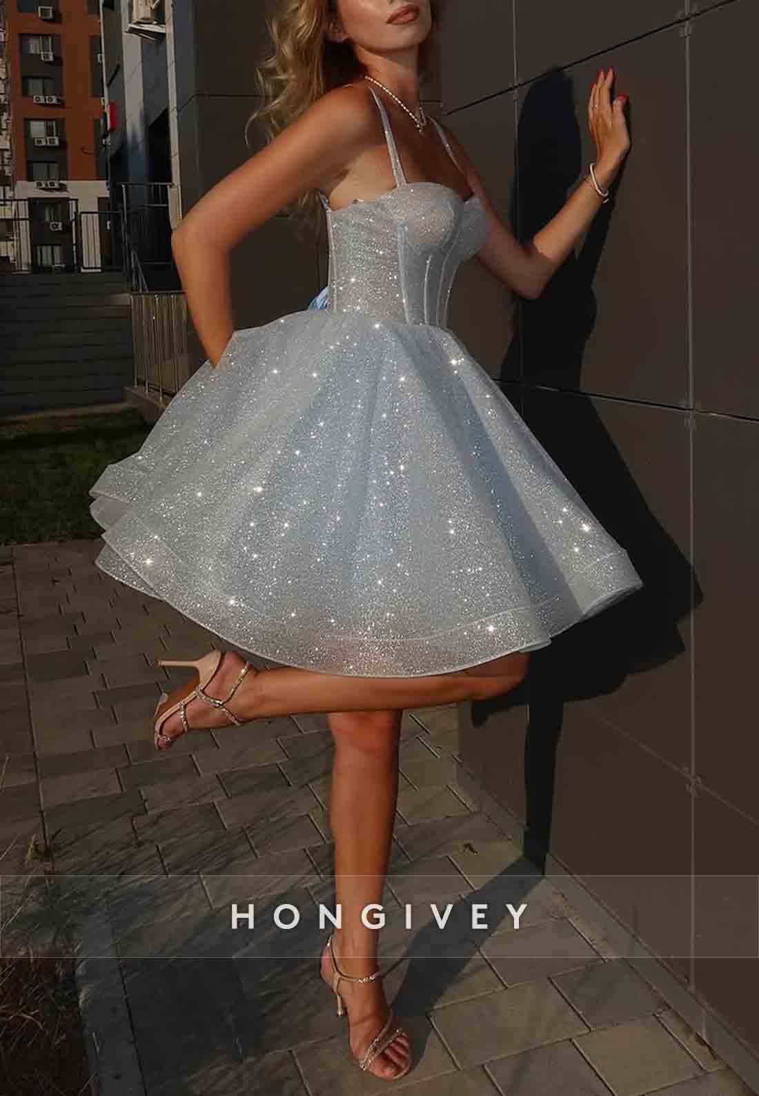 Spaghetti Straps Glitter Sweetheart Princess Short Homecoming Dress