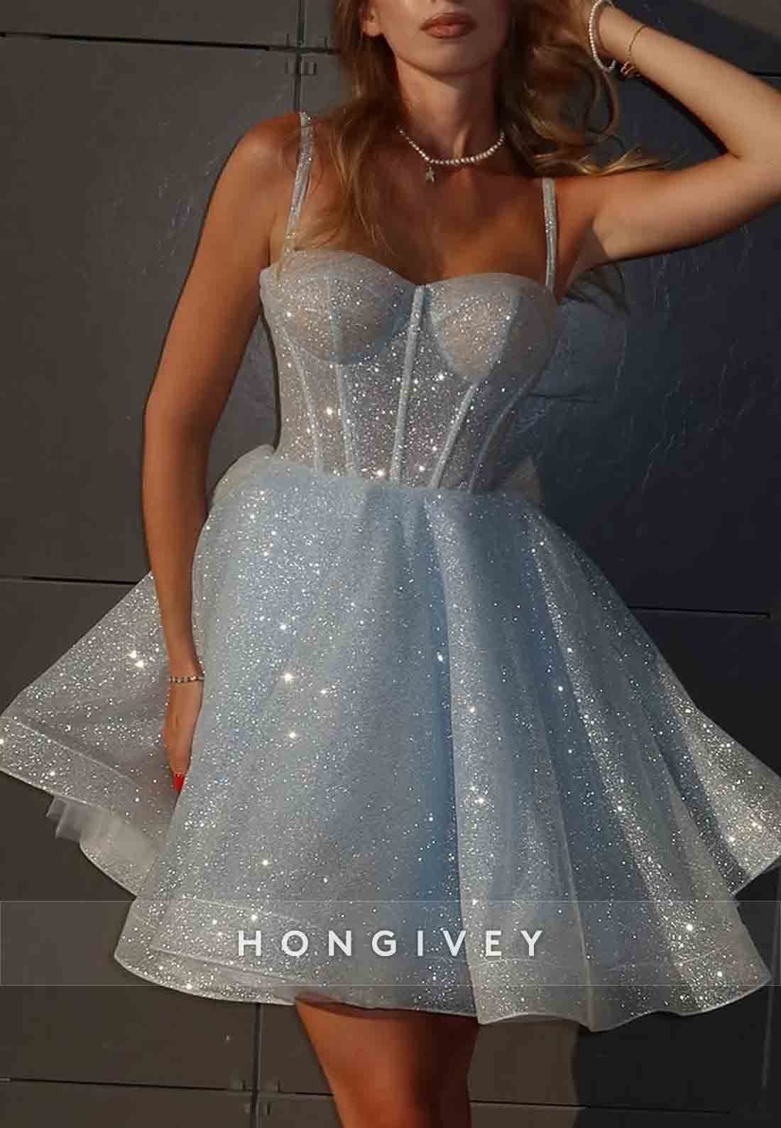 Spaghetti Straps Glitter Sweetheart Princess Short Homecoming Dress