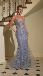 Spaghetti Straps Applique Flowers Sleeveless Mermiad Florr-Length Prom Dress