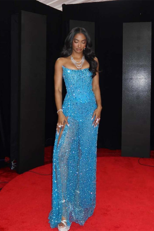 Ocean Blue Strapless Prom Dress Slit Long With Sequins Beads