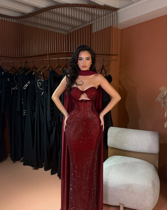 Fashion Red Sequins Sparkle Sweetheart Cut Outs Mermaid Sleeveless Prom Dress