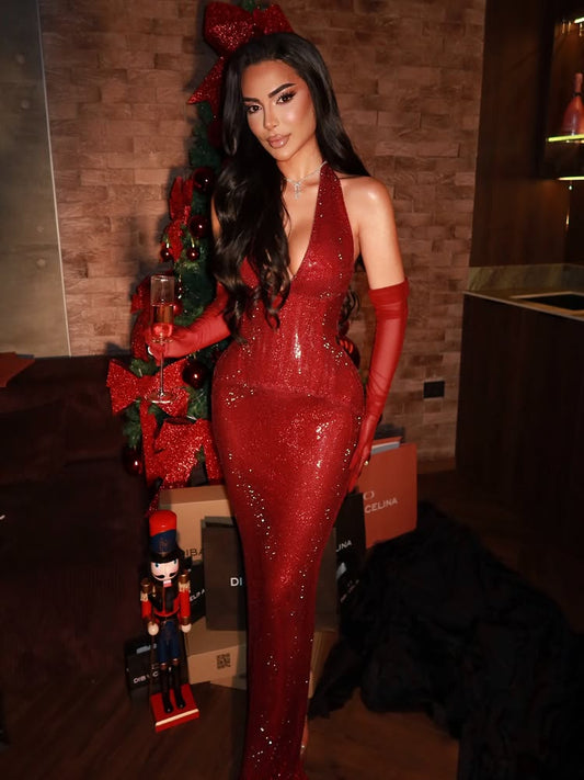 Sexy Red Halter Sleevless Sequins Sparkle Mermaid Prom Dress Floor-Length